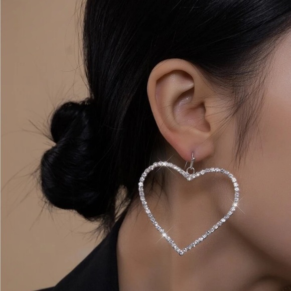 Cali Big Heart Design Sparkling Rhinestone Earrings silver 2.2”x1.60” - Picture 8 of 10